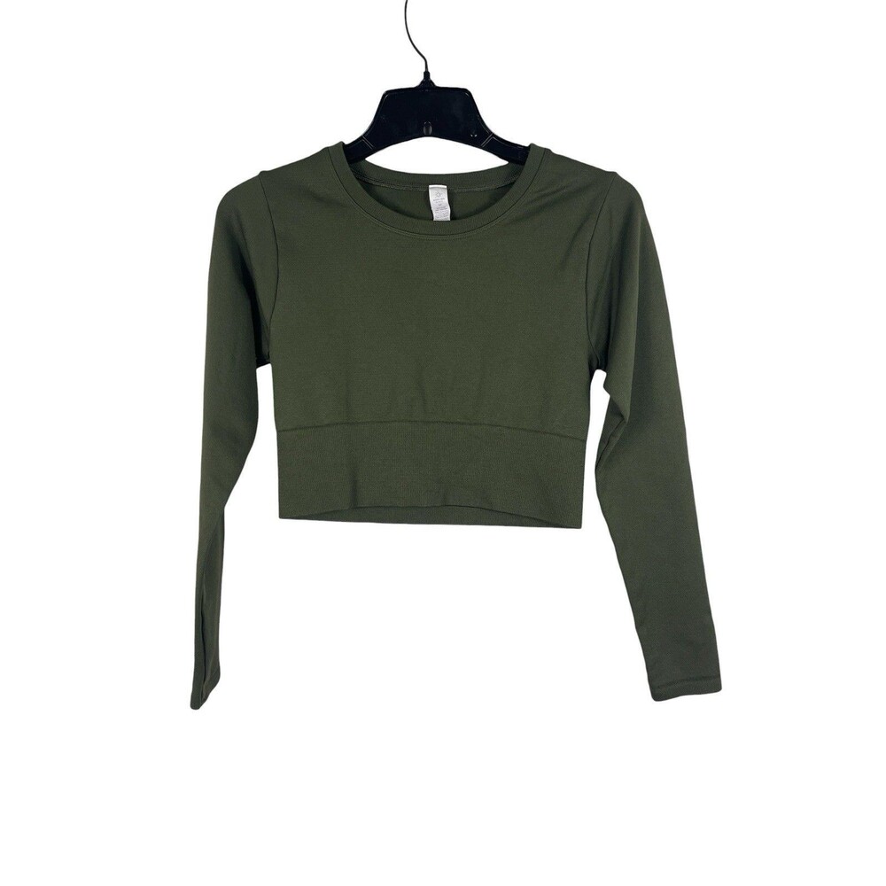 Offline by Aerie S Army Green Seamless Ribbed Long Sleeve Cropped Top